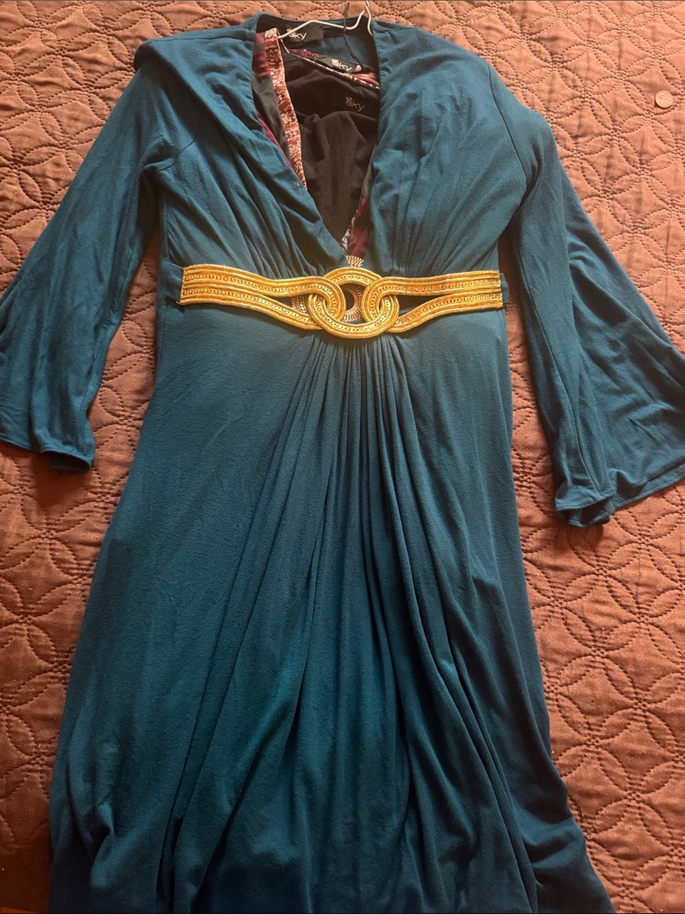 Sky Teal Long-Sleeve Dress with Gold Waist Accent
